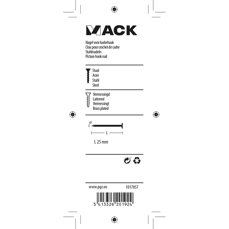 Mack 1017857 - clou pour crochet de cadre en acier vermess. 25 pièces 25 mm | 10 pièces