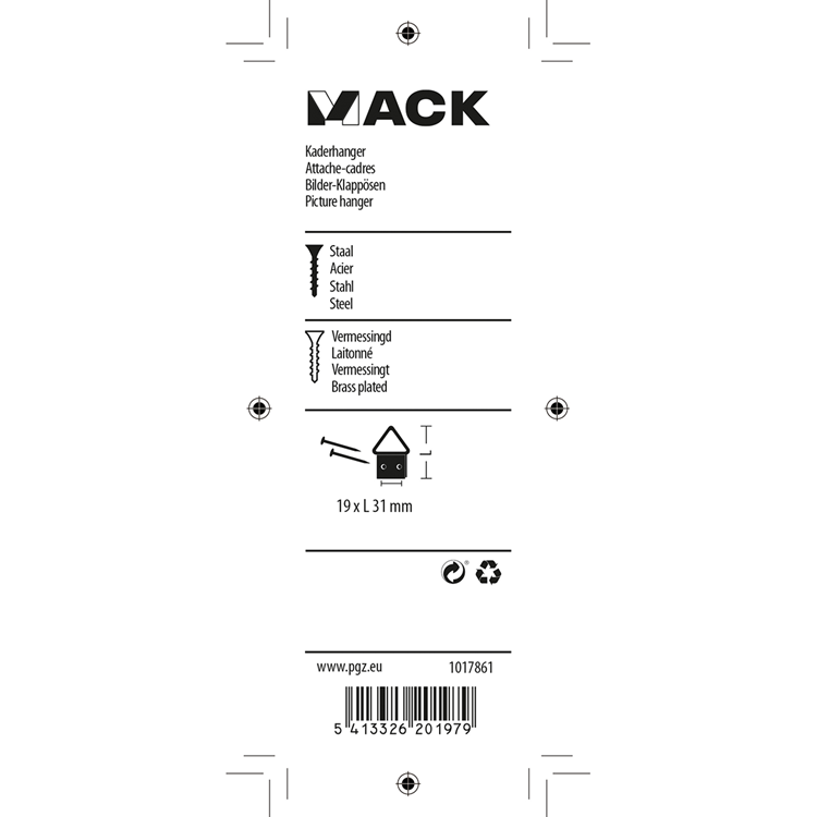 Mack 1017861 - support de cadre en acier plaqué laiton 4 pcs 19 x 31 mm | 10 pièces