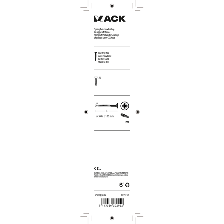 Mack 1019759 - vis pour panneaux d'aggloméré tête VZ acier inoxydable 4 pcs 5,0 x100 mm | 5 pièces
