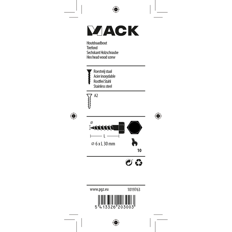 Mack 1019763 - boulon fileté à bois en acier inoxydable 5 pièces 6 x 30 mm | 10 pièces