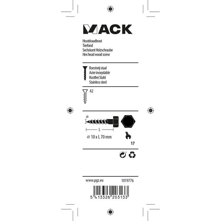 Mack 1019776 - boulon fileté à bois acier inoxydable 2pcs 10 x 70 mm | 10 pièces