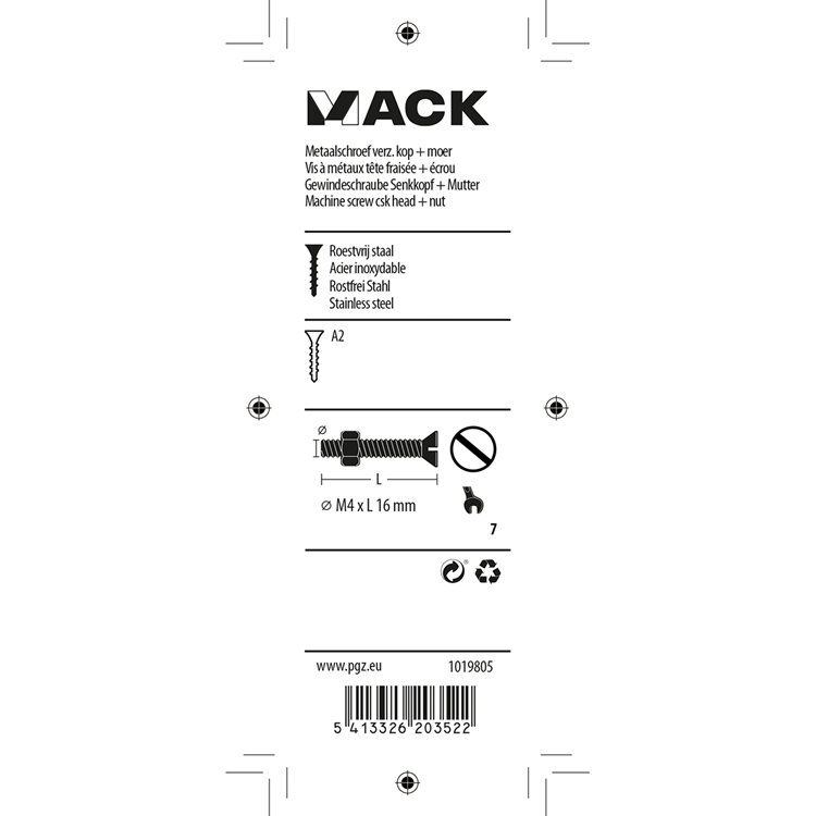 Mack 1019805 - vis à métal galvanisée. tête + écrou inox 13 pcs m4x16 | 10 pièces
