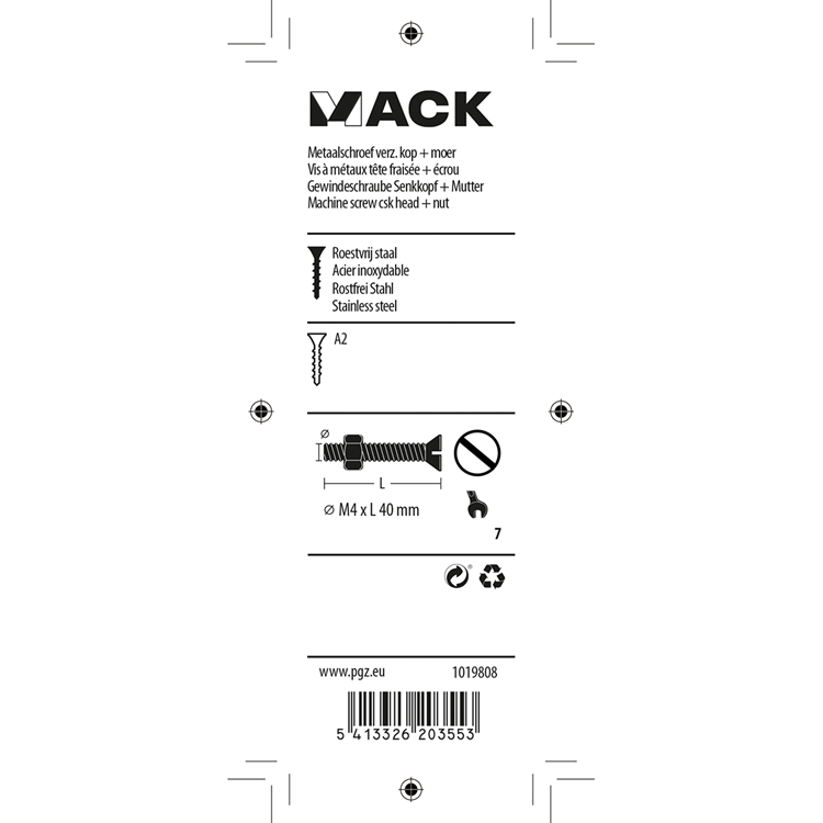 Mack 1019808 - vis à métal galvanisée. tête + écrou inox 8 pcs m4x40 | 10 pièces
