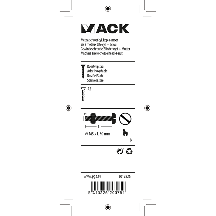 Mack 1019826 - vérin à vis métal. tête + écrou inox 6 pcs m5x30 | 10 pièces