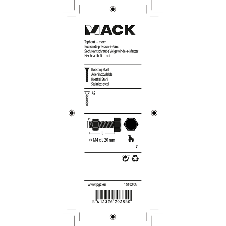 Mack 1019836 - boulon de robinet + écrou en acier inoxydable 10 pcs m4x20 | 10 pièces