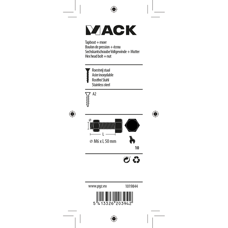 Mack 1019844 - boulon de robinet + écrou en acier inoxydable 3 pcs m6x50 | 10 pièces