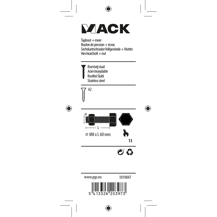 Mack 1019847 - boulon de robinet + écrou en acier inoxydable 2 pcs m8x60 | 10 pièces