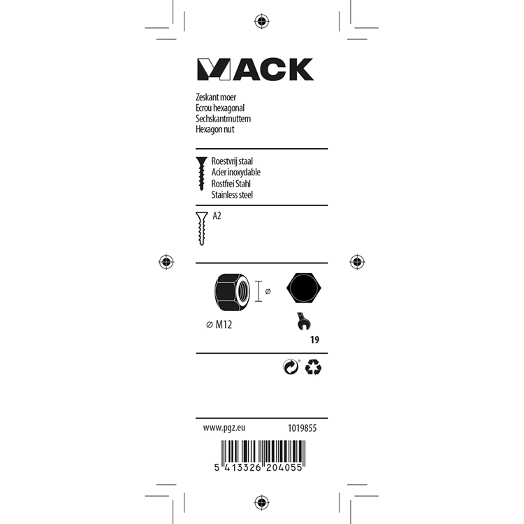 Mack 1019855 - écrou hexagonal acier inoxydable a2 2 pcs m12 | 10 pièces