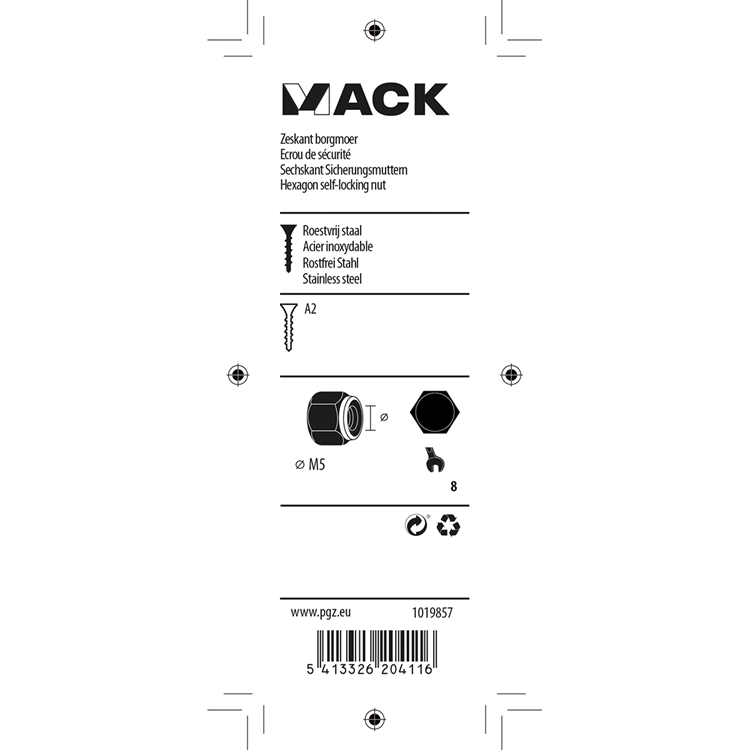 Mack 1019857 - contre-écrou hexagonal acier inoxydable a2 6 pcs m 5 | 10 pièces