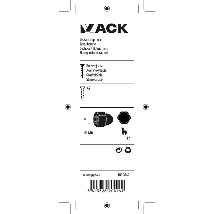 Mack 1019862 - écrou borgne en acier inoxydable a2 4pcs m6 | 10 pièces
