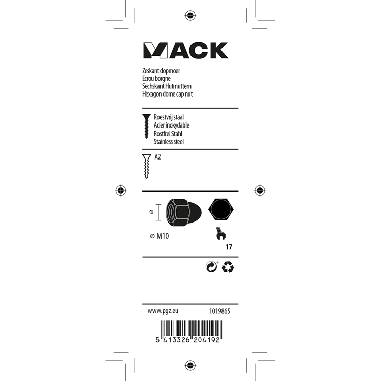 Mack 1019865 - écrou borgne hexagonal acier inoxydable a2 2 pcs m 10 | 10 pièces