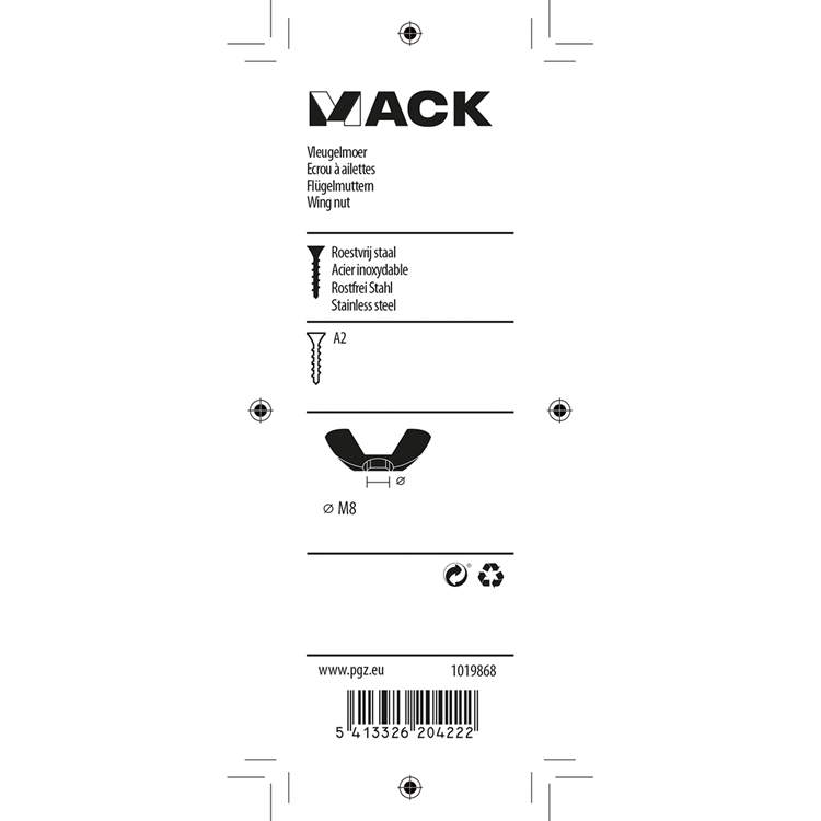 Mack 1019868 - écrou à oreilles en acier inoxydable a2 2 pcs m8 | 10 pièces