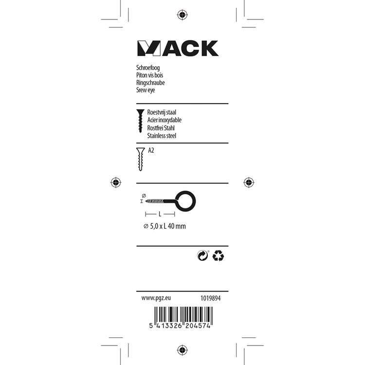 Mack 1019894 - oeil à vis en acier inoxydable 2 pcs 5,0x40 mm | 10 pièces