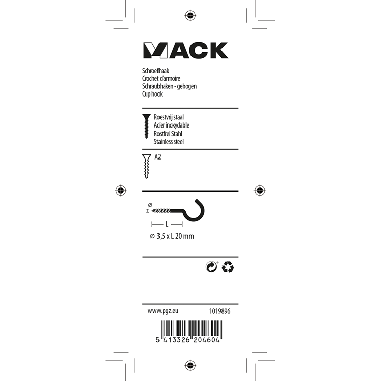 Mack 1019896 - crochet à vis acier inoxydable 2 pcs 3,5 x 20 mm | 10 pièces