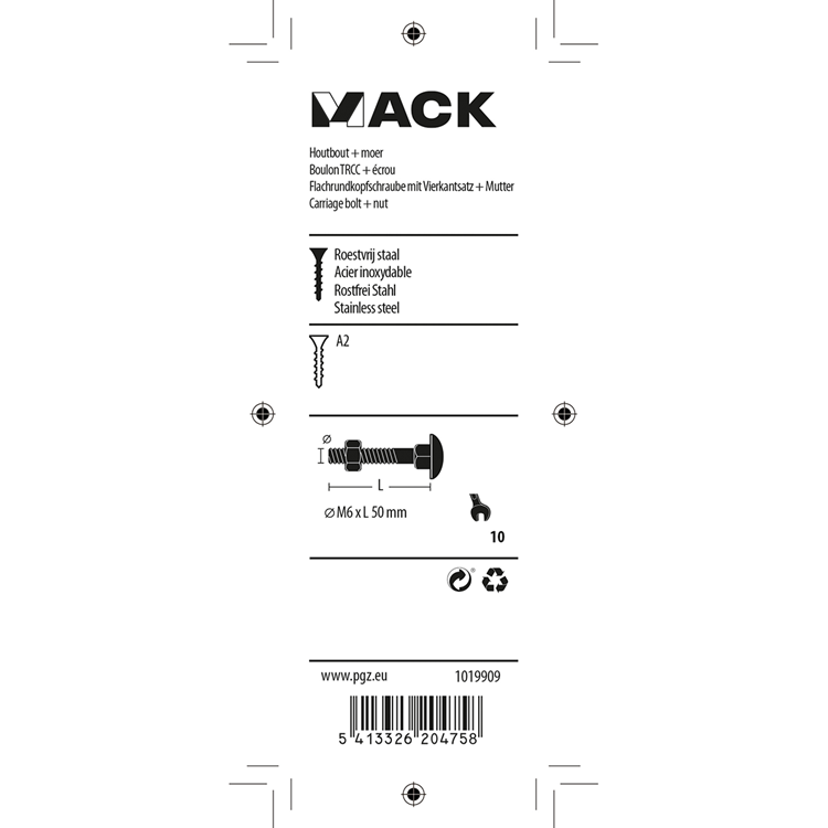 Mack 1019909 - boulon à bois + écrou inox 3 pcs m6 x 50 mm | 10 pièces