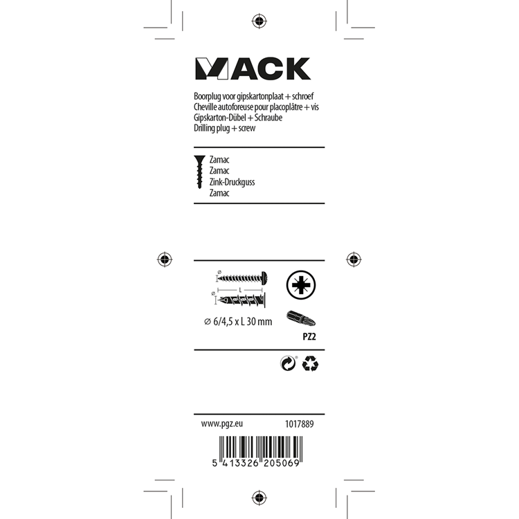 Mack 1017889 - bouchon de perçage pour plaques de plâtre + vis zamac 4pcs 6 x 38 mm | 10 pièces