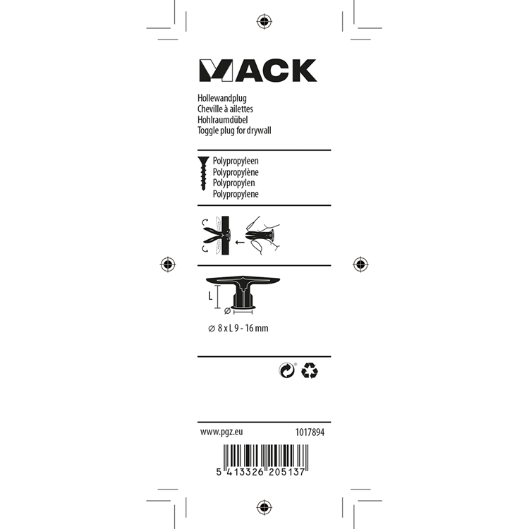 Mack 1017894 - cheville pour mur creux nylon 4 pcs tb | 10 pièces