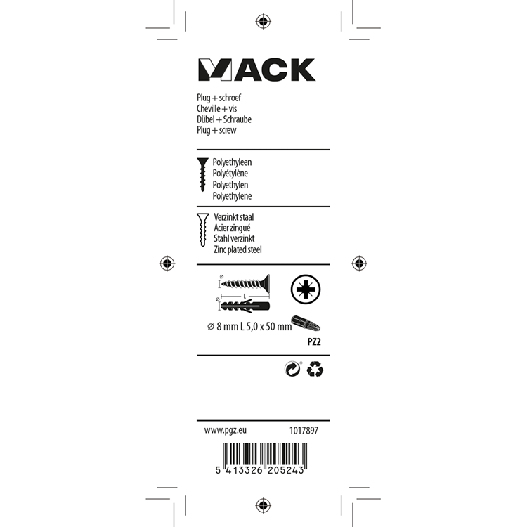 Mack 1017897 - bouchon + vis polyéthylène 10 pcs 8 mm 5,0 x 50 mm | 5 pièces