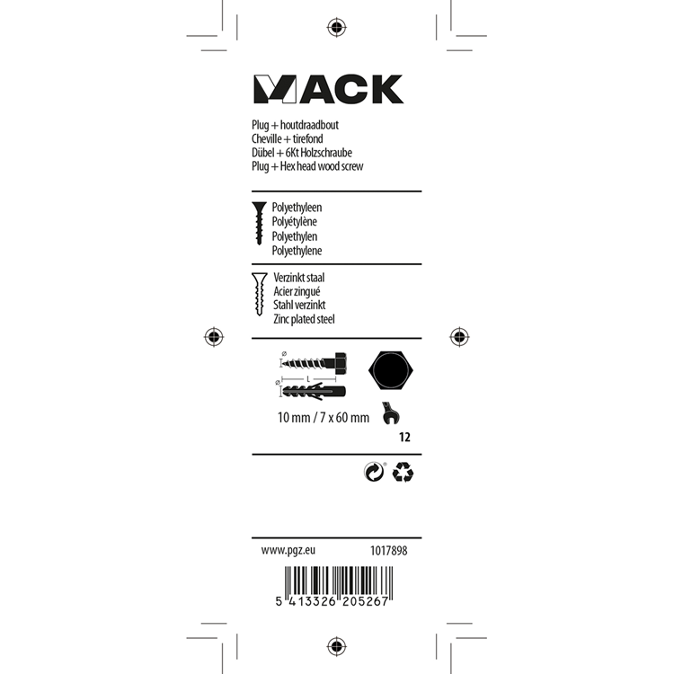 Mack 1017898 - bouchon + boulon fileté bois polyeth 4 pcs 10 mm 7x60 mm | 5 pièces