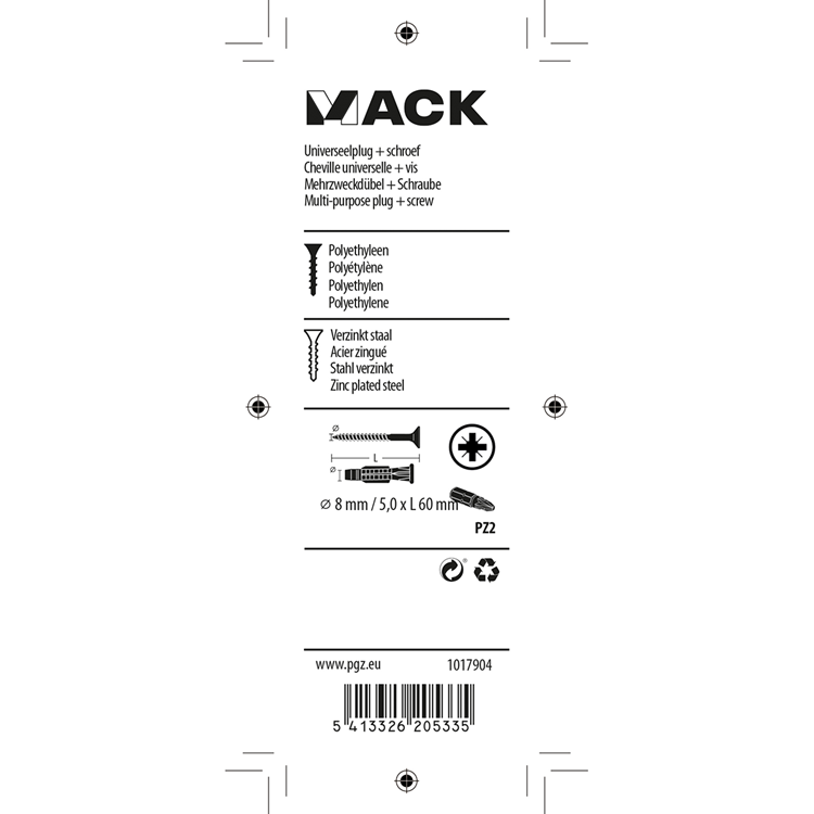 Mack 1017904 - fiche universelle + vis polyeth8 pcs 8mm 5,0x60mm | 5 pièces