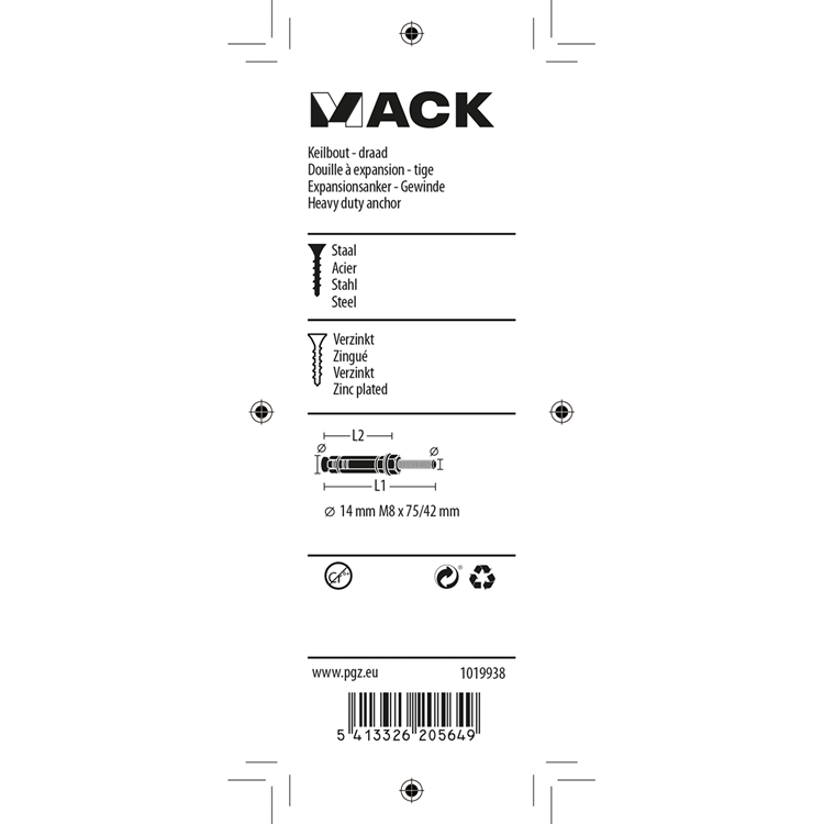 Mack 1019938 - boulon à coin avec goujon fileté. galvanisé 3 pièces m8x75 42mm | 5 pièces