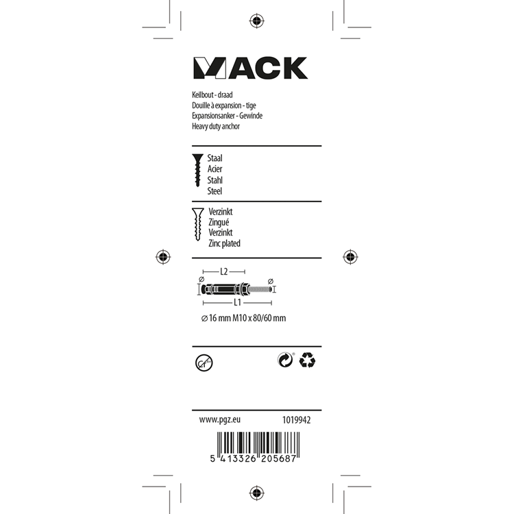 Mack 1019942 - boulon à coin avec goujon fileté. galvanisé2 pcs m10 x 80mm | 5 pièces