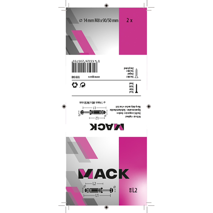 Mack 1019948 - boulon à coin boulon à 6 faces galvanisé 2 pcs m8x90 14x50 | 5 pièces