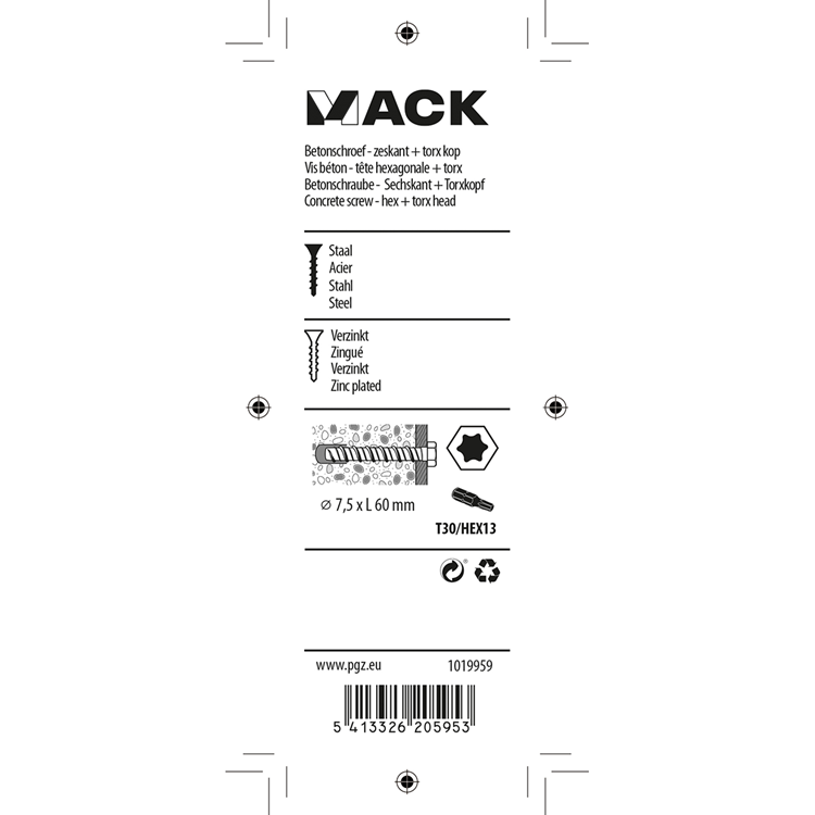 Mack 1019959 - vis à béton galvanisée 6 points 4 pcs 7,5 x 60 mm | 5 pièces
