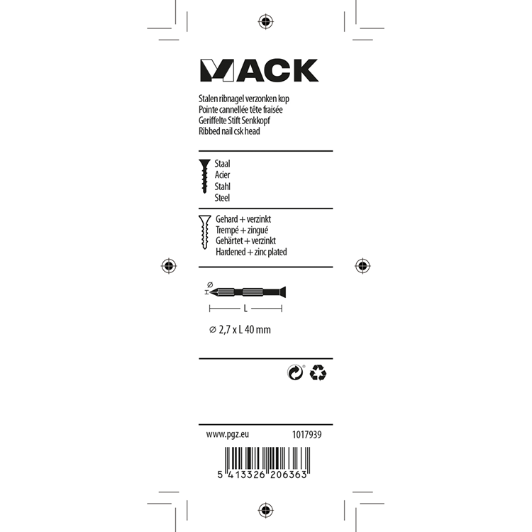 Mack 1017939 - clou à nervures en acier uk pc. trempé + galvanisé 55 pièces 2,7 x 40 mm | 5 pièces