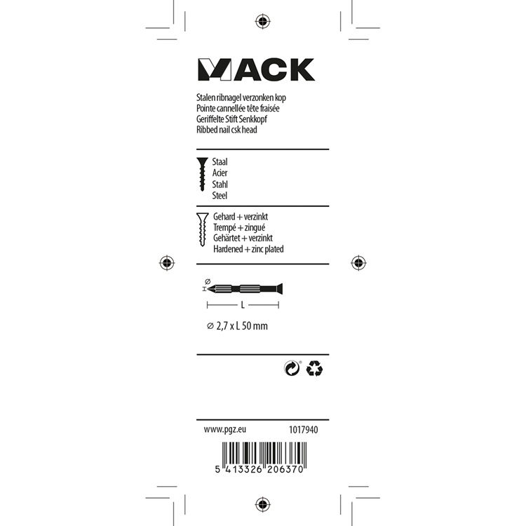 Mack 1017940 - clou à nervures en acier uk st. trempé + galvanisé 50 pièces 2,7 x 50 mm | 10 pièces