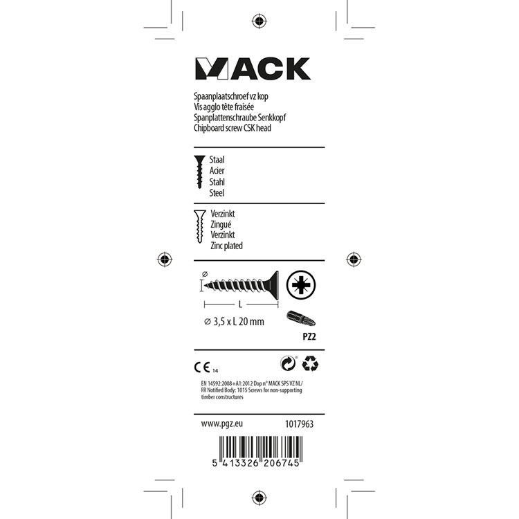 Mack 1017963 - vis pour panneaux d'aggloméré avec tête galvanisée jaune 100pcs 3,5 x 20 mm | 5 pièces