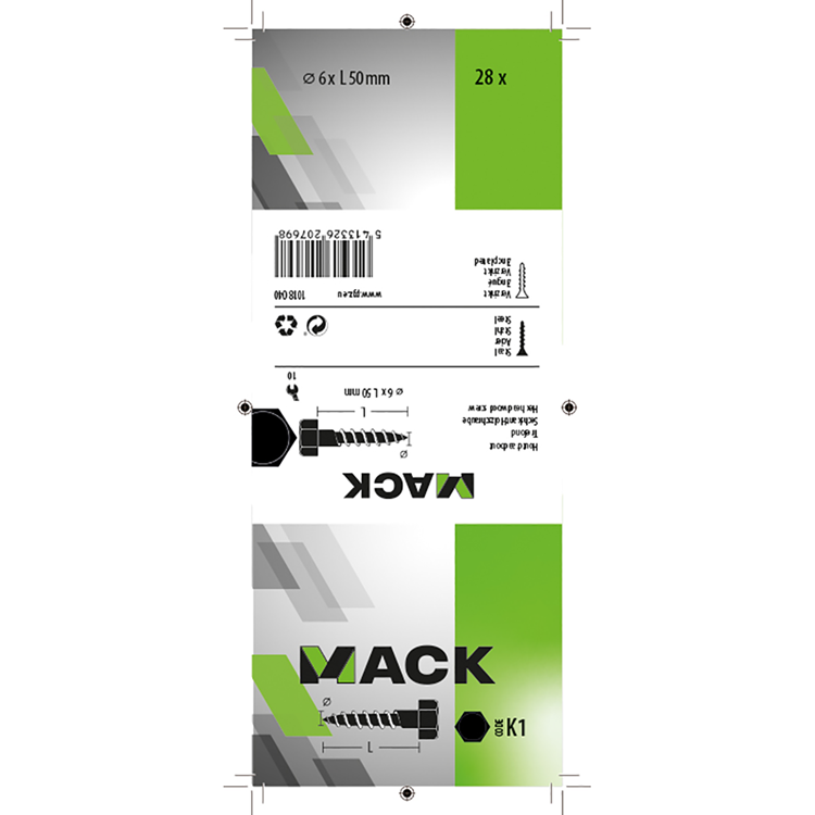 Mack 1018040 - boulon fileté à bois en acier galvanisé 28 pièces 6 x 50 mm | 5 pièces