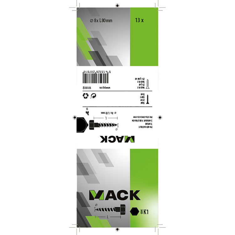 Mack 1018052 - boulon fileté à bois en acier galvanisé 13 pièces 8 x 80 mm | 5 pièces