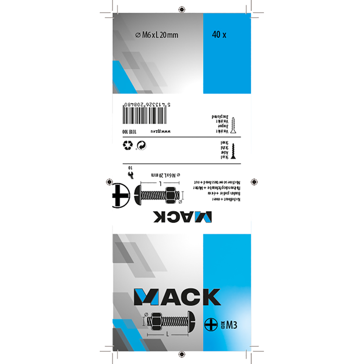 Mack 1018100 - boulon de chauffage + écrou acier galvanisé 40 pcs m6 x 20 mm | 5 pièces