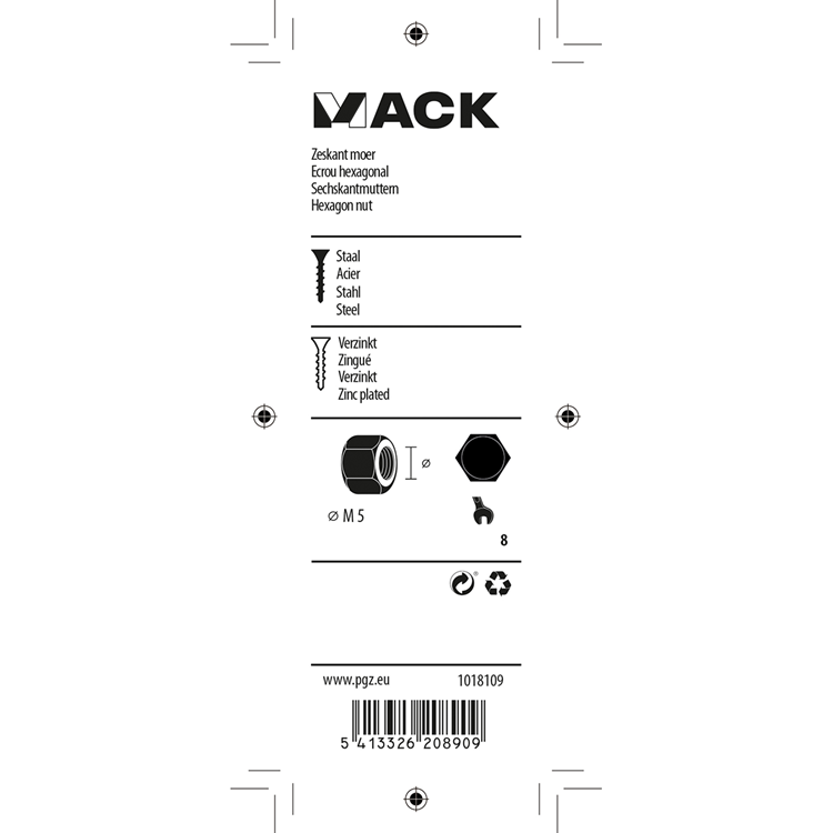 Mack 1018109 - écrou hexagonal en acier galvanisé 150 pcs m 5 | 5 pièces