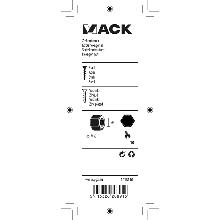 Mack 1018110 - écrou hexagonal en acier galvanisé 100 pcs m 6 | 5 pièces