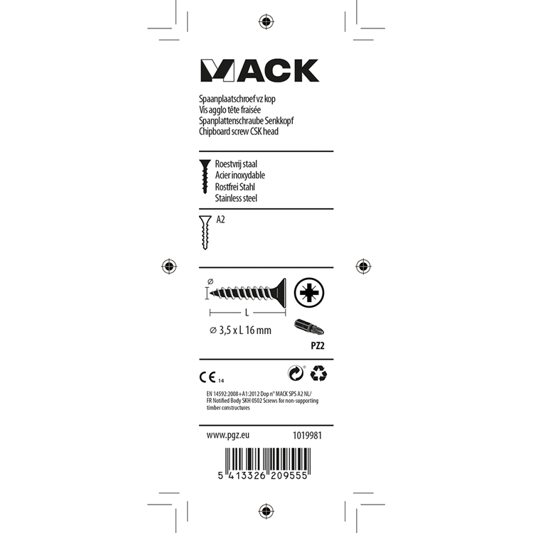 Mack 1019981 - vis pour panneaux d'aggloméré tête VZ acier inoxydable 110 pcs 3,5 x 16 mm | 5 pièces