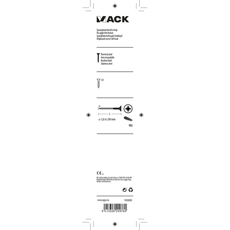 Mack 1020002 - vis pour panneaux d'aggloméré tête VZ acier inoxydable 15 pièces 5,0 x 80 mm | 5 pièces