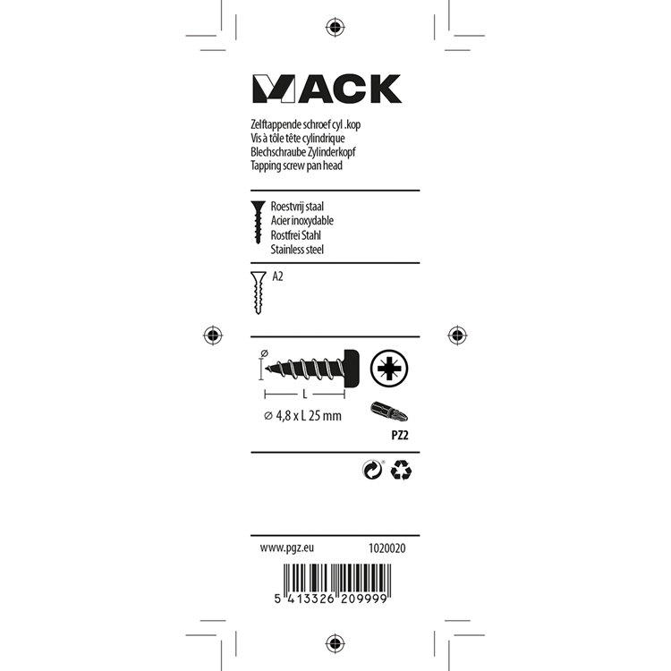 Mack 1020020 - vis autotaraudeuse culasse a2 25 pcs 4,8 x 25 mm | 5 pièces
