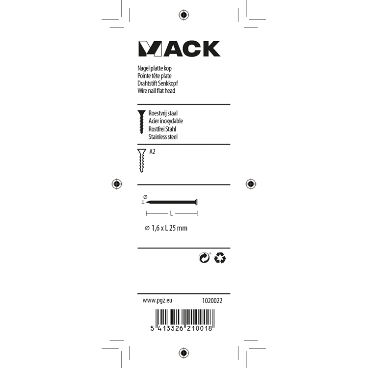 Mack 1020022 - clou à tête plate en acier inoxydable A2 85 pcs 1,6 x 25 mm | 5 pièces