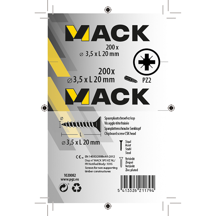 Mack 1020082 - vis pour panneaux d'aggloméré avec tête jaune avec 200 pièces 3,5 x 20 mm | 5 pièces
