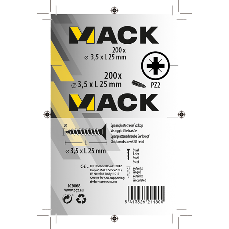 Mack 1020083 - vis pour panneaux d'aggloméré avec tête jaune avec 200 pièces 3,5 x 25 mm | 5 pièces