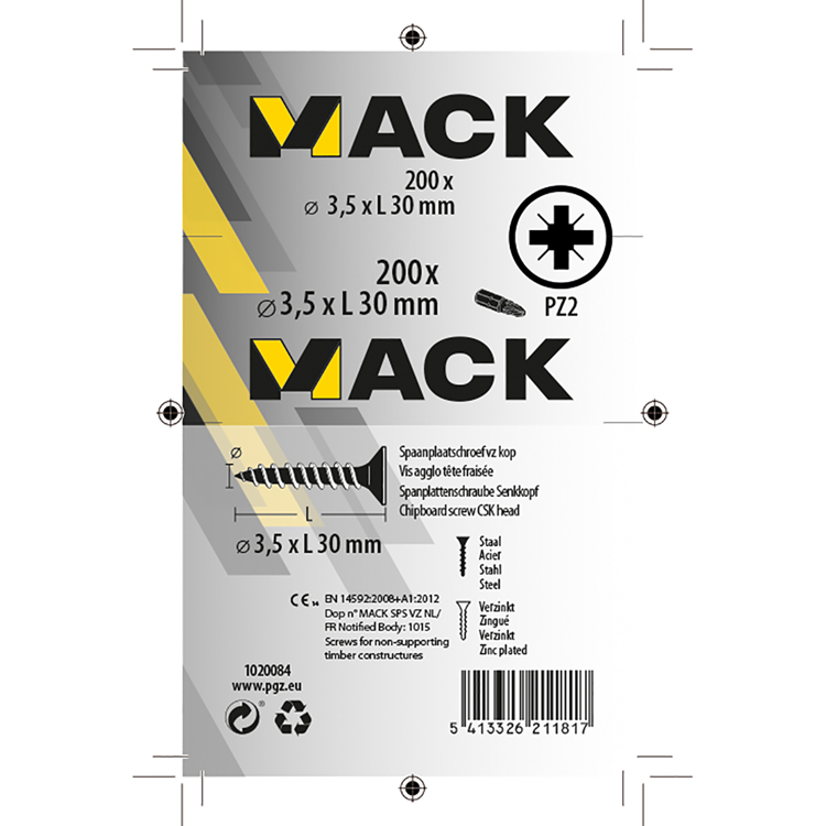 Mack 1020084 - vis pour panneaux d'aggloméré avec tête jaune vz 200 pcs 3,5 x 30 mm | 5 pièces