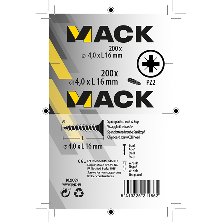Mack 1020089 - vis pour panneaux d'aggloméré avec tête jaune avec 200 pièces 4,0 x 16 mm | 5 pièces