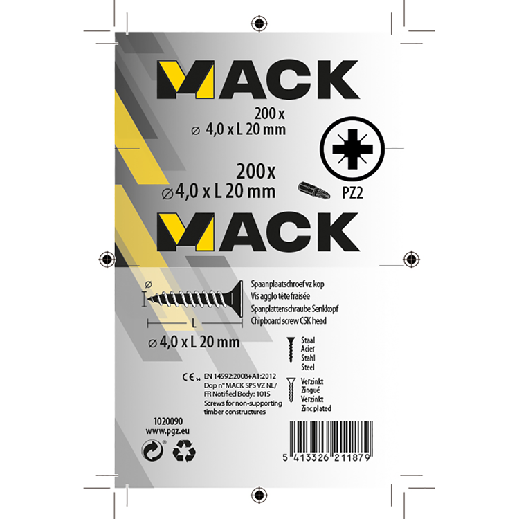 Mack 1020090 - vis pour panneaux d'aggloméré avec tête jaune avec 200 pièces 4,0 x 20 mm | 5 pièces