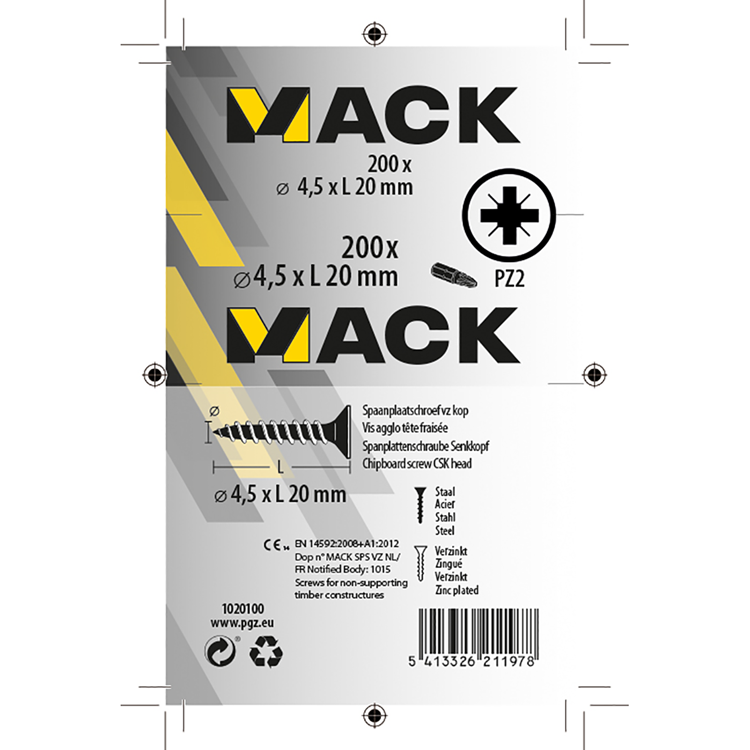 Mack 1020100 - vis pour panneaux d'aggloméré avec tête jaune avec 200 pièces 4,5 x 20 mm | 5 pièces
