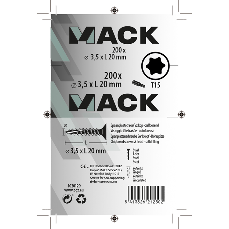 Mack 1020129 - vis pour panneaux d'aggloméré vz kp-autotaraudeusegvz 200pcs 3,5 x 20 mm | 5 pièces