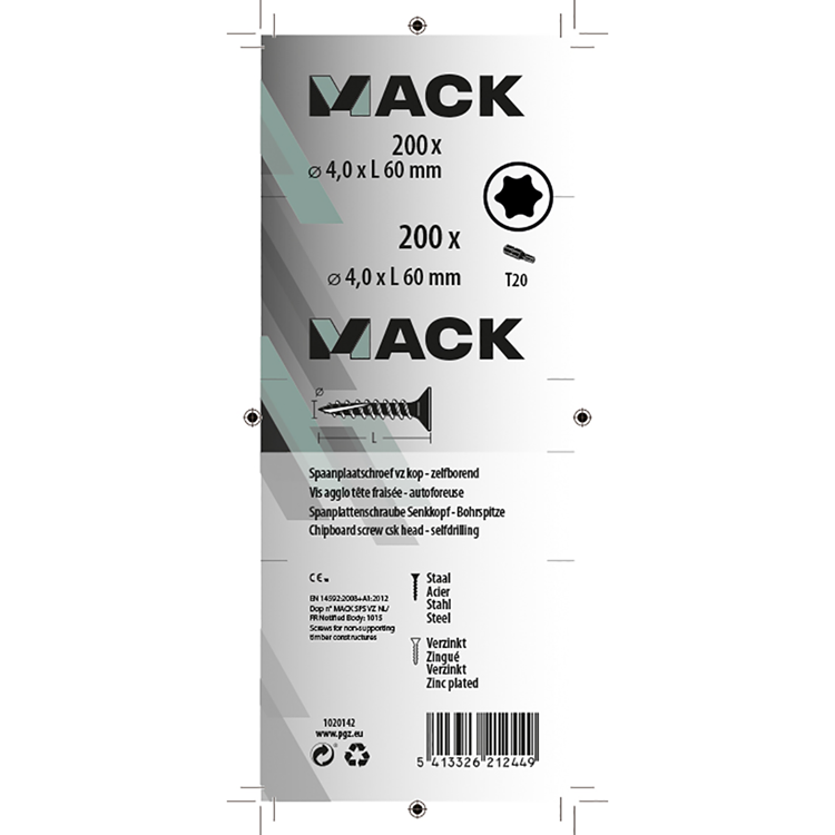 Mack 1020142 - vis pour panneaux d'aggloméré vz kp-self-lockinggvz 200pcs 4,0 x 60 mm | 2 pièces