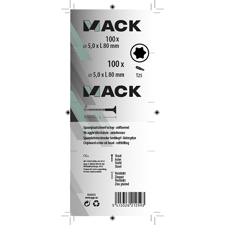Mack 1020155 - vis pour panneaux d'aggloméré vz kp-self-lockinggvz 100pcs 5,0 x 80 mm | 3 pièces
