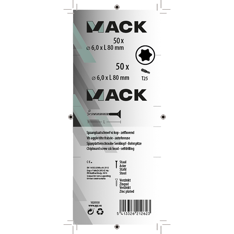Mack 1020158 - vis pour panneaux d'aggloméré vz kp-self-lockinggvz 50 pcs 6,0 x 80 mm | 5 pièces